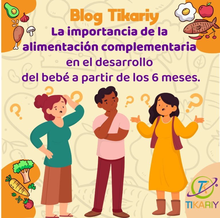 La imagen trata sobre la importancia complementaria en el desarrollo del bebe a partir de los seis meses, hay unas personas con signos de interrogación.